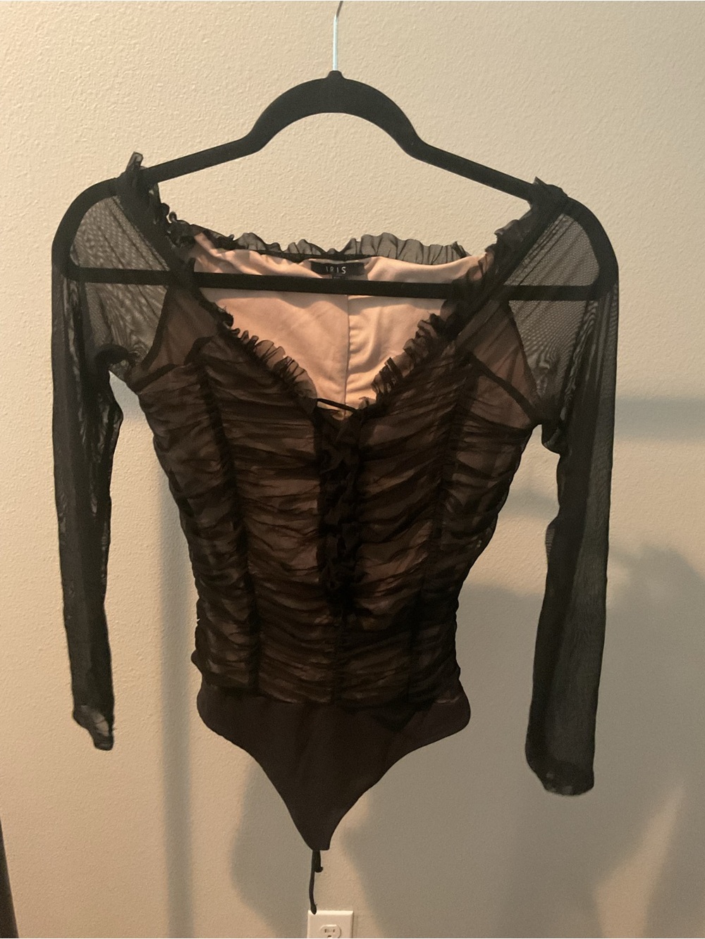 iris Black Sheer Ruched Long-Sleeve Bodysuit with Ruffle Trim